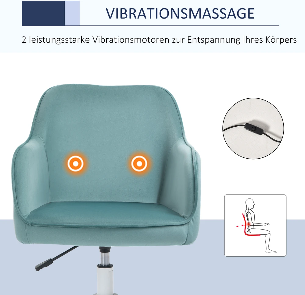 Vinsetto masažinė biuro kėdė, darbo kėdė su vibracijos funkcija, USB, juosmens pagalvė, porankiai, 78-86 cm