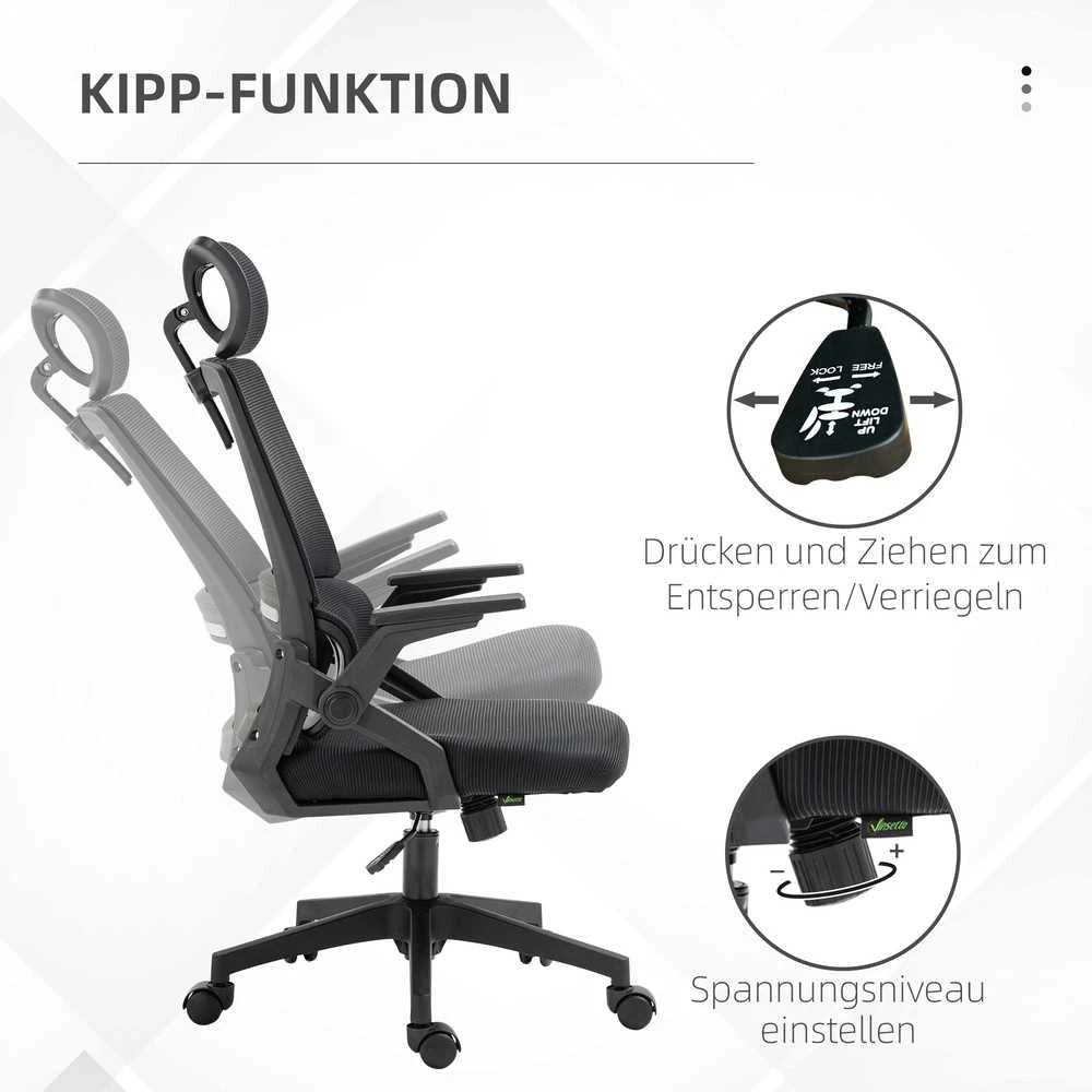 Ergonomiška biuro kėdė Vinsetto, reguliuojama, su galvos atrama, porankiais ir supimosi funkcija, juoda