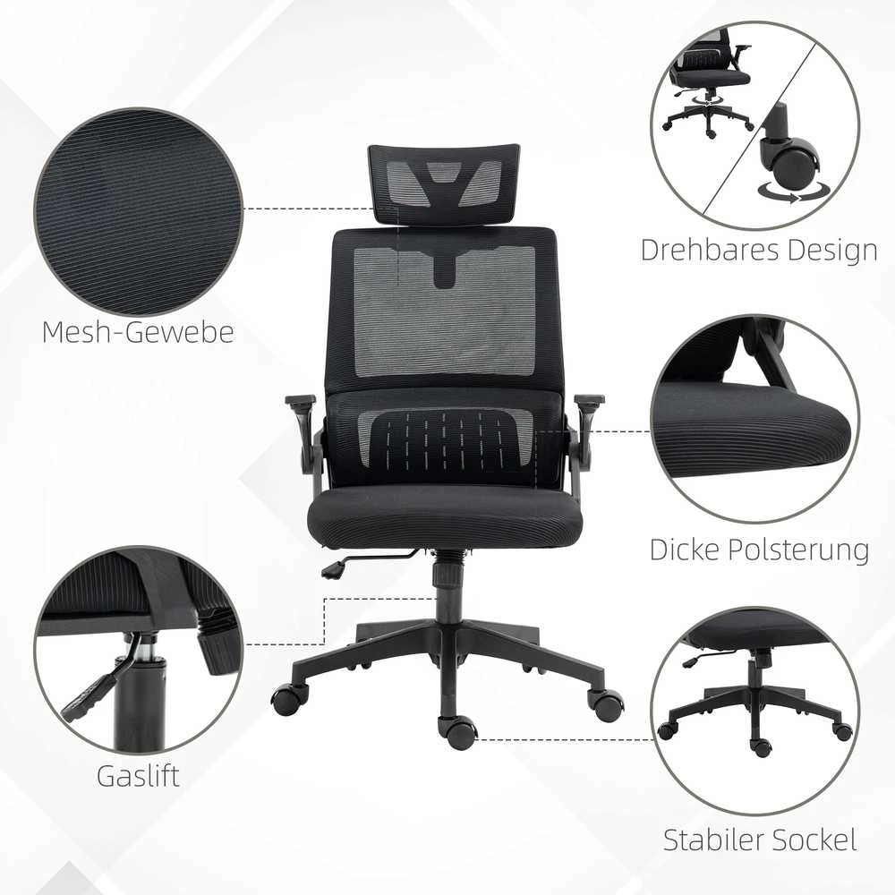 Ergonomiška biuro kėdė Vinsetto, reguliuojama, su galvos atrama, porankiais ir supimosi funkcija, juoda