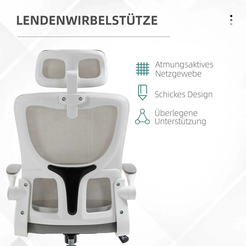 Vinsetto ergonomiška biuro kėdė, reguliuojamo aukščio rašomojo stalo kėdė su reguliuojamais porankiais, galvos atrama, supimosi funkcija, juosmens atrama, tinklinė, pilka