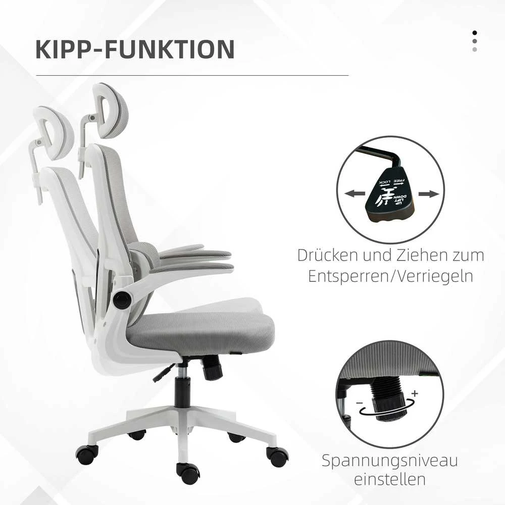 Vinsetto ergonomiška biuro kėdė, reguliuojamo aukščio rašomojo stalo kėdė su reguliuojamais porankiais, galvos atrama, supimosi funkcija, juosmens atrama, tinklinė, pilka
