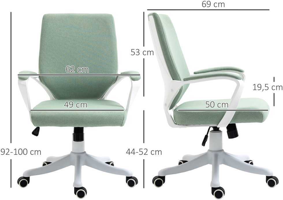 Vinsetto biuro kėdė su supimosi funkcija, ergonomiška nugaros atrama, paminkštinta sėdynė, 360° ratukai, poliesteris, žalia ir balta, 62x69x92-100 cm