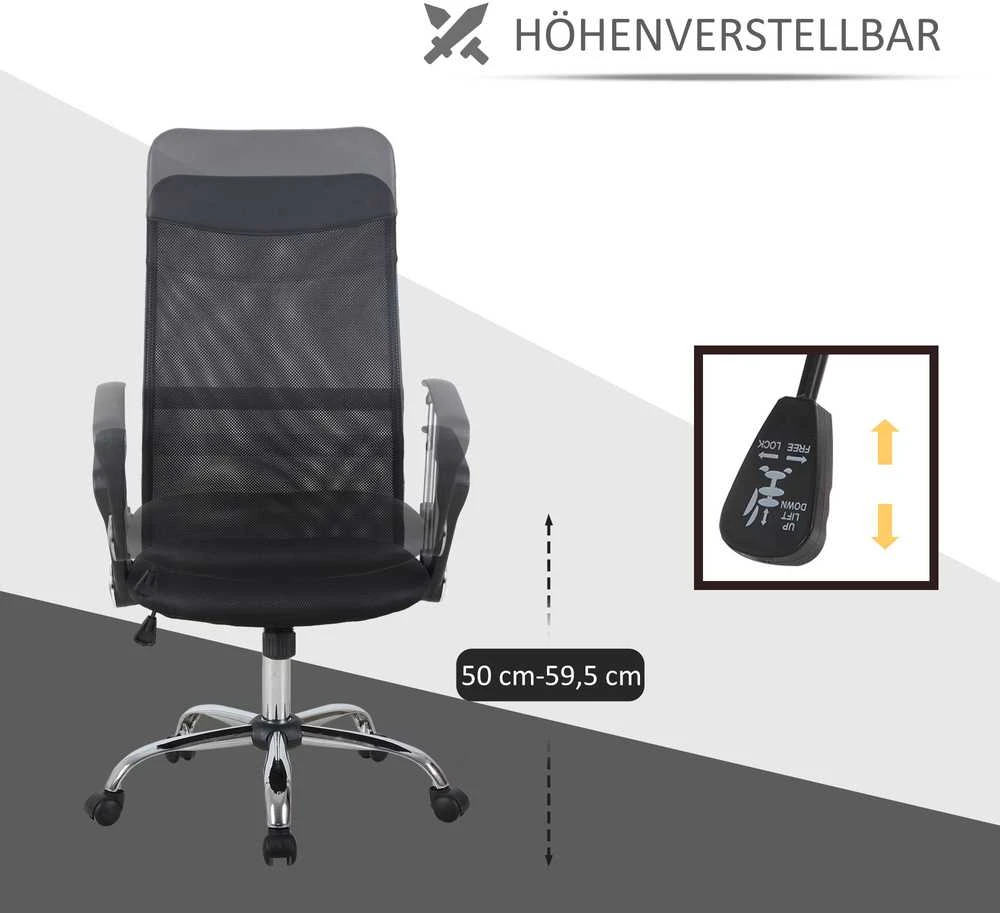 HOMCOM ergonominė biuro kėdė, žaidimų kėdė, pasukama kėdė su supimosi funkcija, reguliuojamo aukščio darbo kėdė, porolonas, tinklelis, juoda