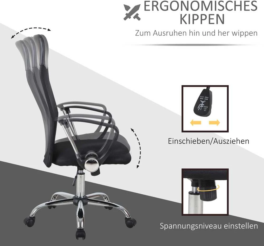 HOMCOM ergonominė biuro kėdė, žaidimų kėdė, pasukama kėdė su supimosi funkcija, reguliuojamo aukščio darbo kėdė, porolonas, tinklelis, juoda