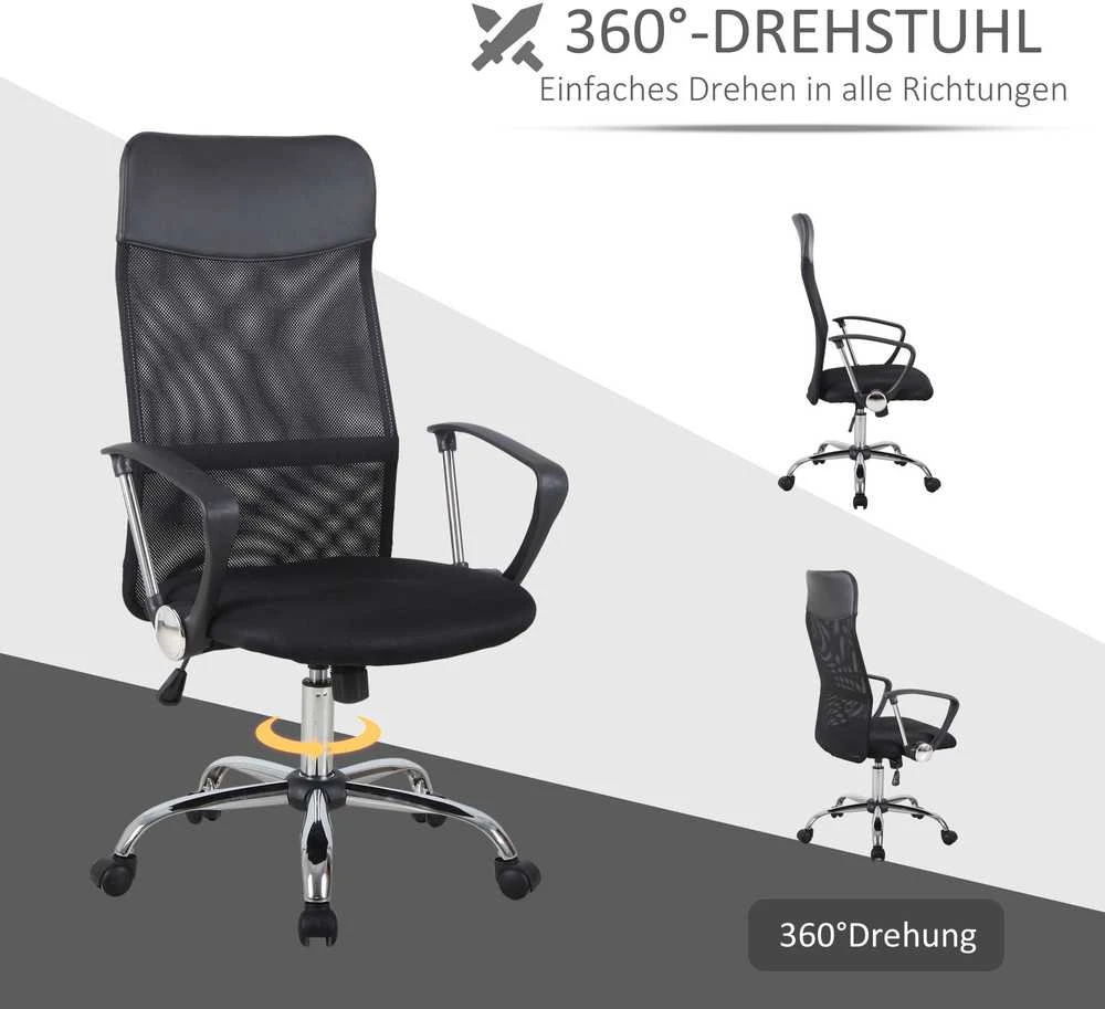 HOMCOM ergonominė biuro kėdė, žaidimų kėdė, pasukama kėdė su supimosi funkcija, reguliuojamo aukščio darbo kėdė, porolonas, tinklelis, juoda
