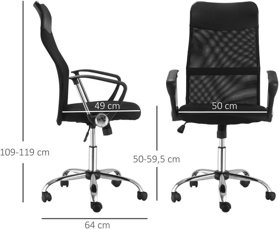 HOMCOM ergonominė biuro kėdė, žaidimų kėdė, pasukama kėdė su supimosi funkcija, reguliuojamo aukščio darbo kėdė, porolonas, tinklelis, juoda