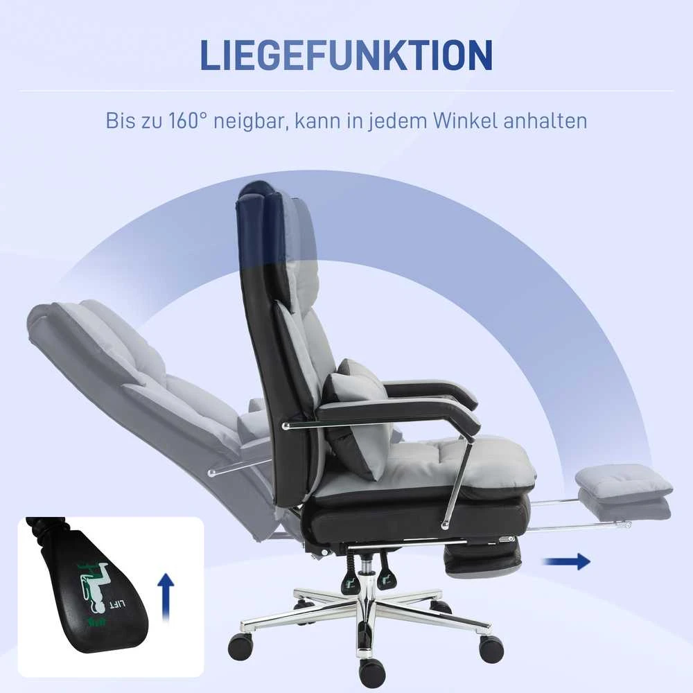 HOMCOM biuro kėdė, ergonomiška darbo kėdė su supimosi funkcija, kojų atrama, kompiuterio kėdė su atlošimo funkcija, sukama kėdė su juosmens pagalvėle, keliamoji galia iki 180 kg, dirbtinė oda, pilka