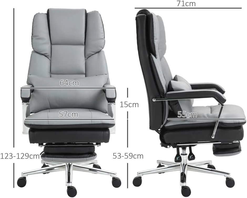 HOMCOM biuro kėdė, ergonomiška darbo kėdė su supimosi funkcija, kojų atrama, kompiuterio kėdė su atlošimo funkcija, sukama kėdė su juosmens pagalvėle, keliamoji galia iki 180 kg, dirbtinė oda, pilka