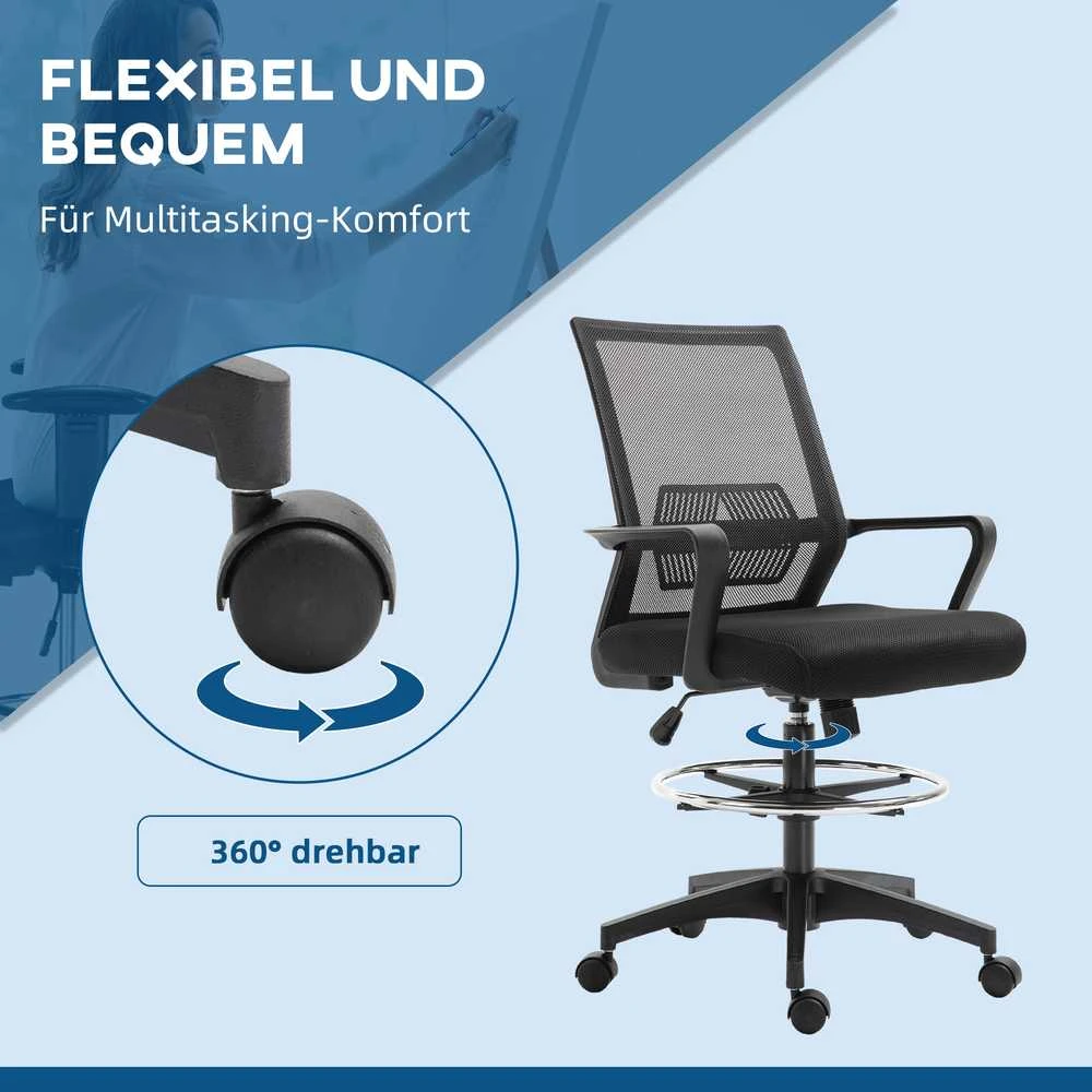 Vinsetto ergonominė biuro kėdė su reguliuojamu pėdų žiedu, juosmens atrama, reguliuojamo aukščio tinkline kėde, supimosi funkcija, kompiuterio kėdė, juoda