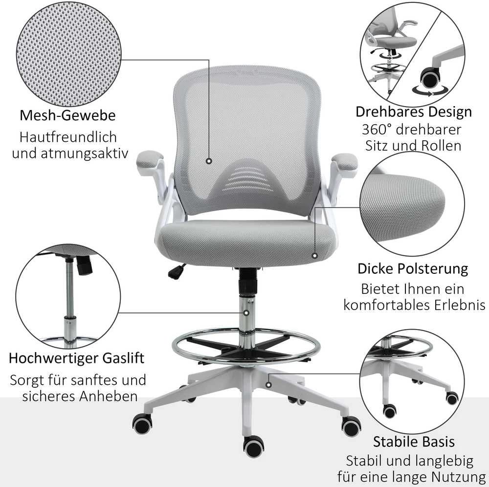 Biuro kėdė Vinsetto, ergonomiška darbo kėdė su atlenkiamais porankiais ir reguliuojamu pėdų žiedu, reguliuojamo aukščio besisukanti kėdė su supimosi funkcija, tinklelio apmušalas, šviesiai pilka