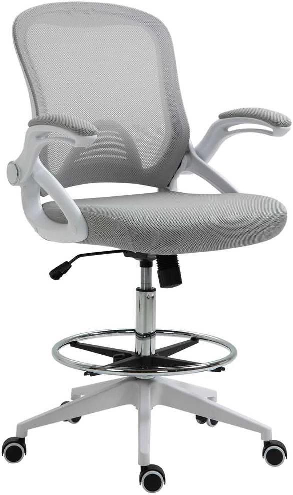 Biuro kėdė Vinsetto, ergonomiška darbo kėdė su atlenkiamais porankiais ir reguliuojamu pėdų žiedu, reguliuojamo aukščio besisukanti kėdė su supimosi funkcija, tinklelio apmušalas, šviesiai pilka