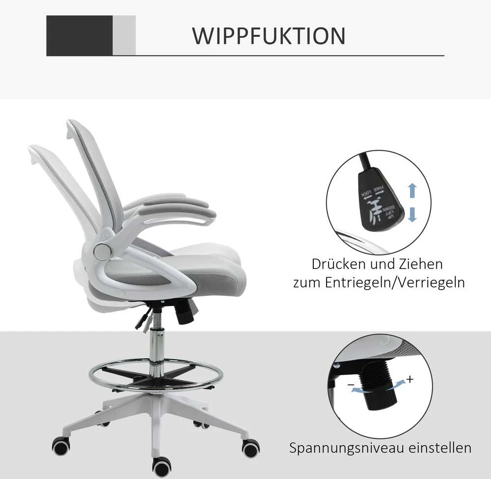 Biuro kėdė Vinsetto, ergonomiška darbo kėdė su atlenkiamais porankiais ir reguliuojamu pėdų žiedu, reguliuojamo aukščio besisukanti kėdė su supimosi funkcija, tinklelio apmušalas, šviesiai pilka