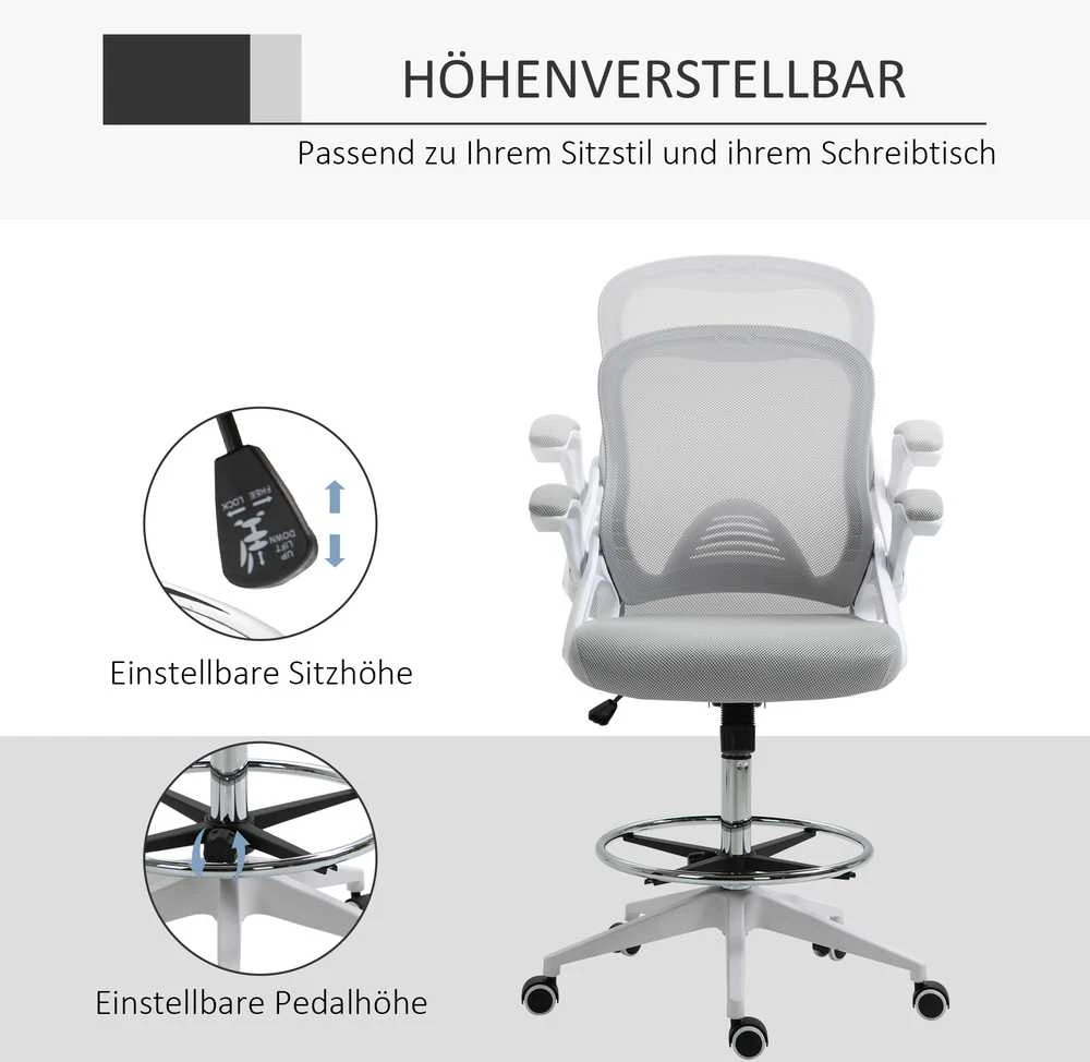 Biuro kėdė Vinsetto, ergonomiška darbo kėdė su atlenkiamais porankiais ir reguliuojamu pėdų žiedu, reguliuojamo aukščio besisukanti kėdė su supimosi funkcija, tinklelio apmušalas, šviesiai pilka