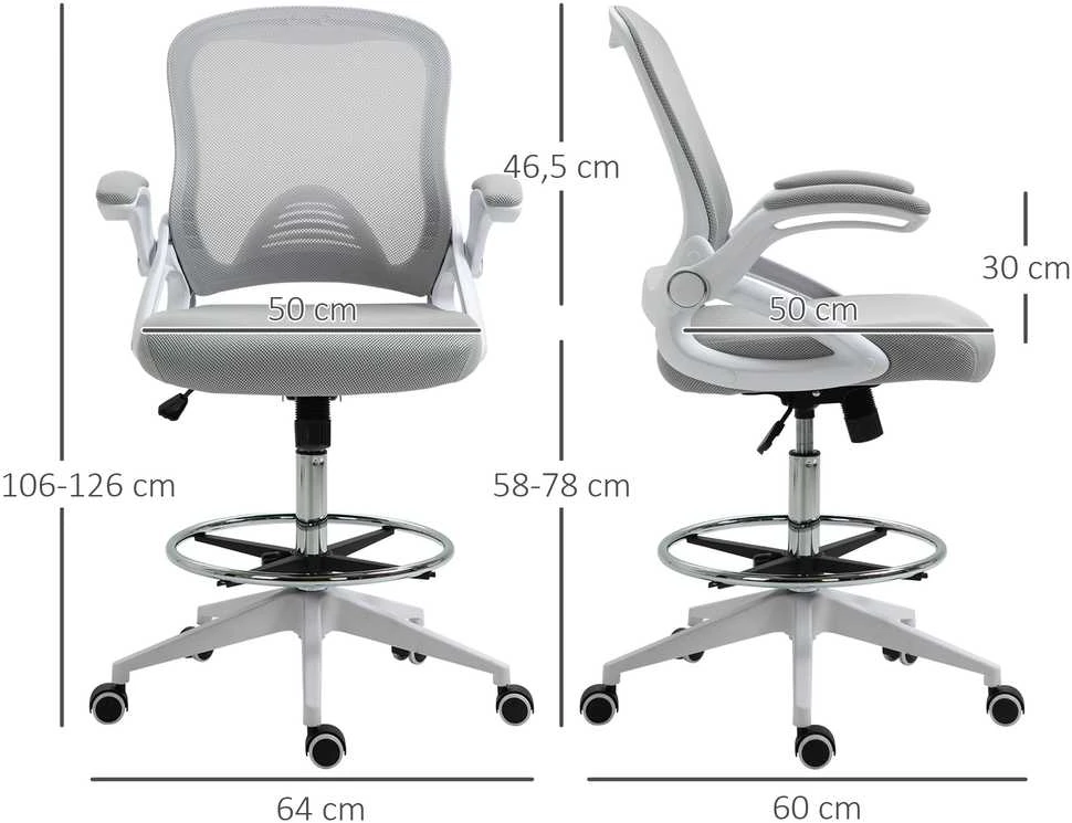 Biuro kėdė Vinsetto, ergonomiška darbo kėdė su atlenkiamais porankiais ir reguliuojamu pėdų žiedu, reguliuojamo aukščio besisukanti kėdė su supimosi funkcija, tinklelio apmušalas, šviesiai pilka