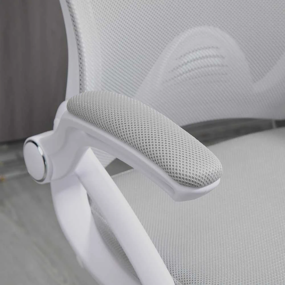 Biuro kėdė Vinsetto, ergonomiška darbo kėdė su atlenkiamais porankiais ir reguliuojamu pėdų žiedu, reguliuojamo aukščio besisukanti kėdė su supimosi funkcija, tinklelio apmušalas, šviesiai pilka