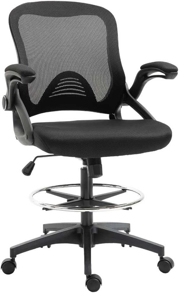 Vinsetto rašomojo stalo kėdė, ergonomiška biuro kėdė, besisukanti 360°, su reguliuojamu kojų žiedu, atlaiko iki 120 kg, tinklelis, juoda, 106-126 cm