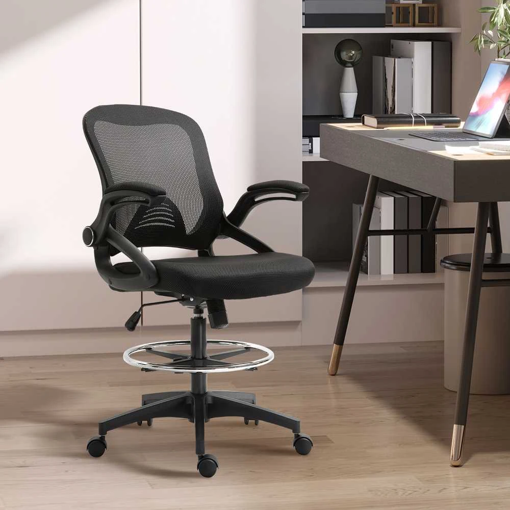 Vinsetto rašomojo stalo kėdė, ergonomiška biuro kėdė, besisukanti 360°, su reguliuojamu kojų žiedu, atlaiko iki 120 kg, tinklelis, juoda, 106-126 cm