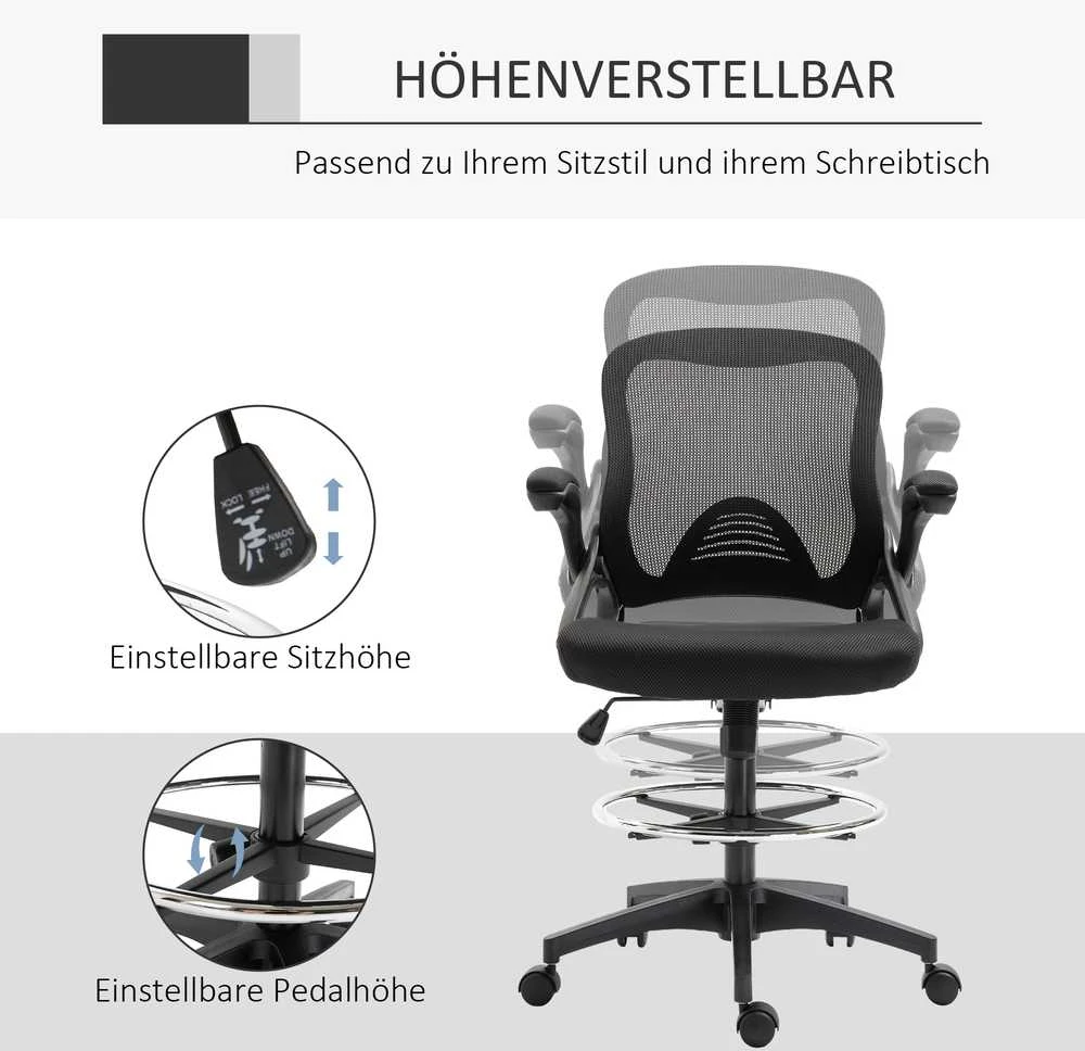 Vinsetto rašomojo stalo kėdė, ergonomiška biuro kėdė, besisukanti 360°, su reguliuojamu kojų žiedu, atlaiko iki 120 kg, tinklelis, juoda, 106-126 cm