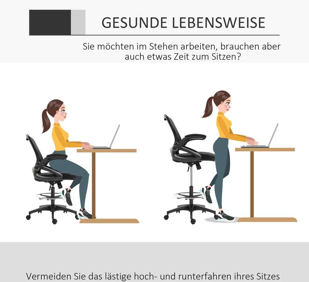 Vinsetto rašomojo stalo kėdė, ergonomiška biuro kėdė, besisukanti 360°, su reguliuojamu kojų žiedu, atlaiko iki 120 kg, tinklelis, juoda, 106-126 cm