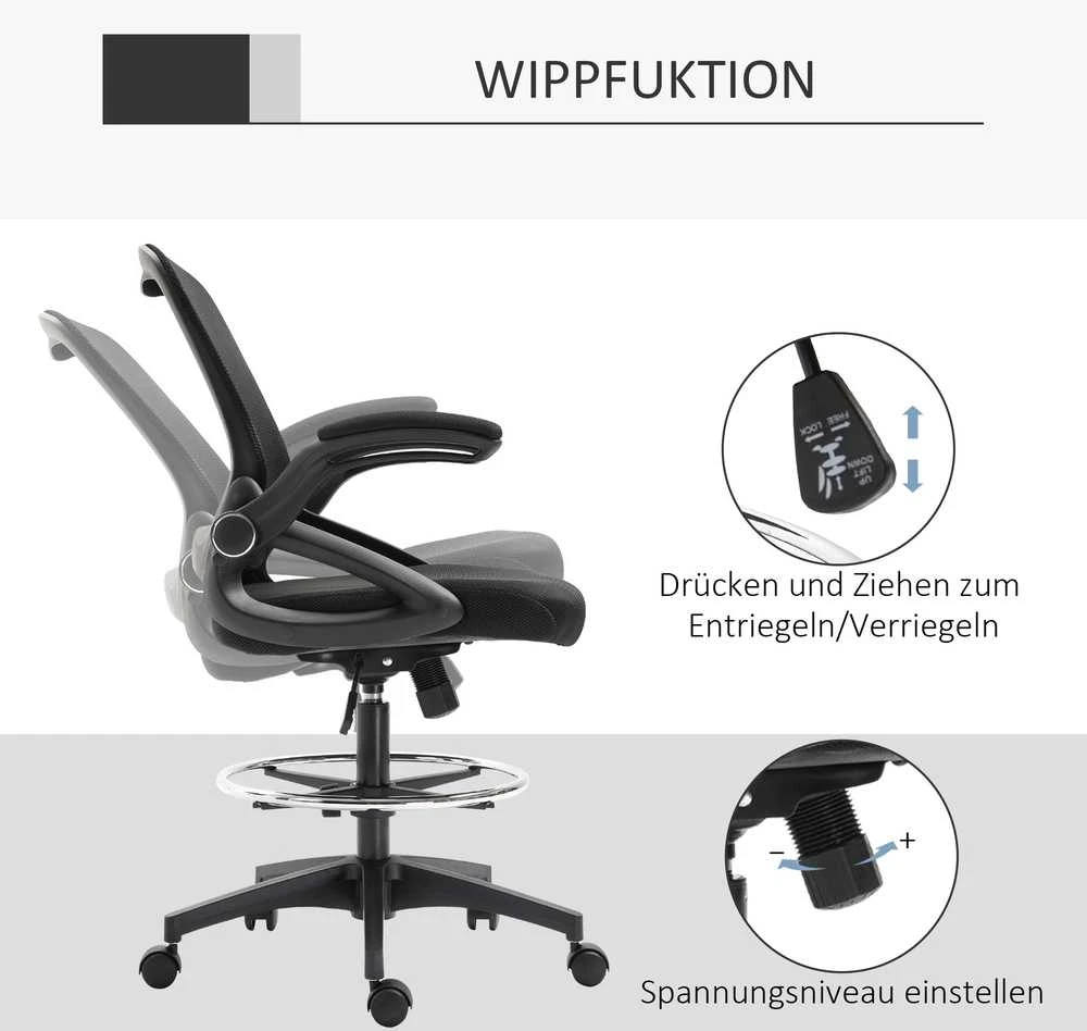 Vinsetto rašomojo stalo kėdė, ergonomiška biuro kėdė, besisukanti 360°, su reguliuojamu kojų žiedu, atlaiko iki 120 kg, tinklelis, juoda, 106-126 cm