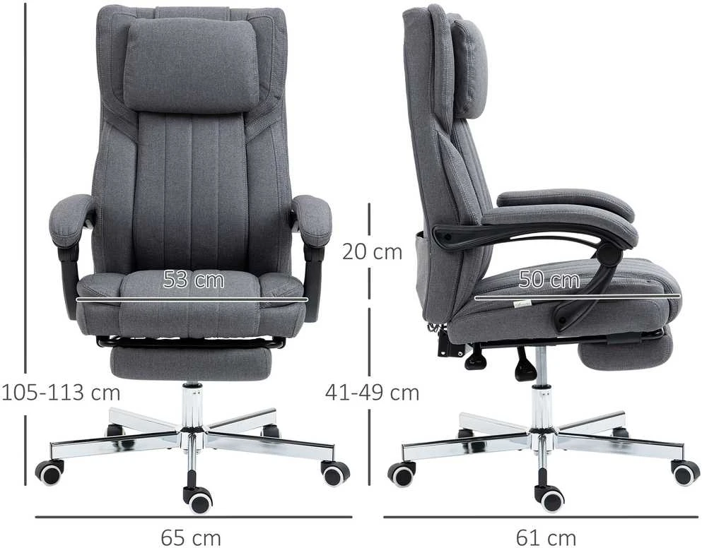 Vinsetto biuro kėdė su 5 masažo režimais, ergonomiška darbo kėdė su atsilenkimo funkcija, reguliuojamu aukščiu, kojų atrama, lino imitacijos, pilka
