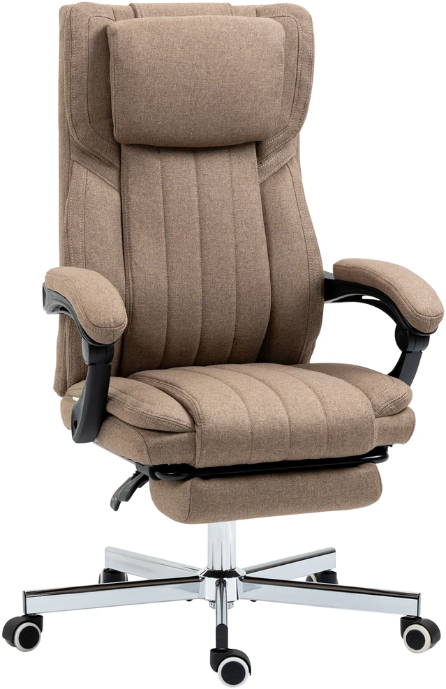 Vinsetto ergonomiška biuro kėdė su 5 masažo režimais, reguliuojamu atlošu, galvos atrama, kojų atrama, aukščiu reguliuojama, besisukanti, su nuotolinio valdymo pultu, lino audinio išvaizdos, ruda