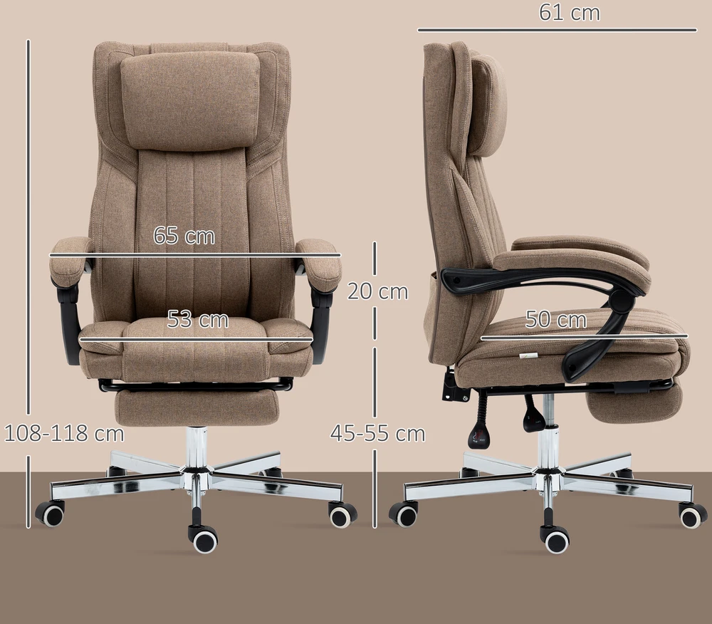 Vinsetto ergonomiška biuro kėdė su 5 masažo režimais, reguliuojamu atlošu, galvos atrama, kojų atrama, aukščiu reguliuojama, besisukanti, su nuotolinio valdymo pultu, lino audinio išvaizdos, ruda