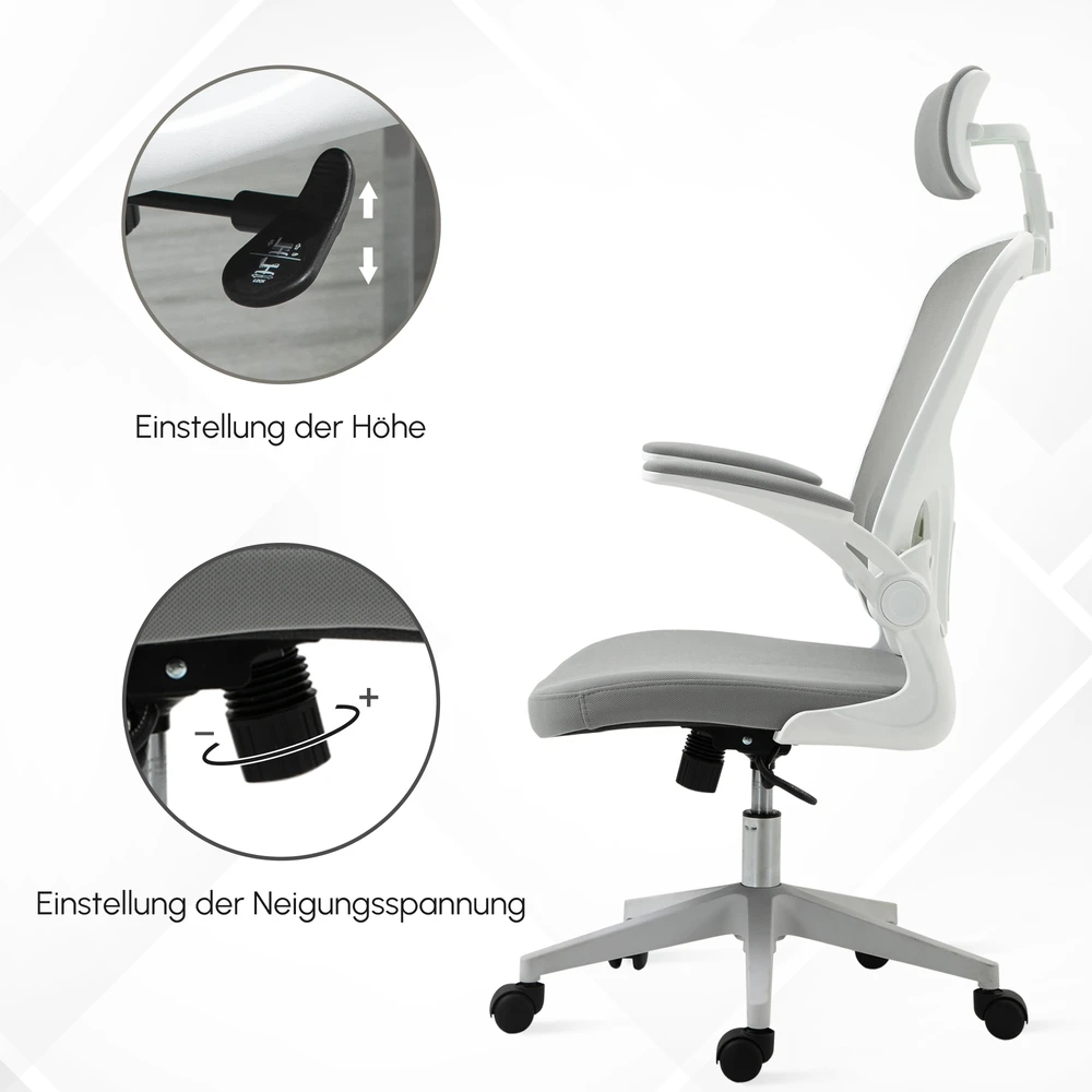 Vinsetto biuro kėdė, ergonomiška kėdė su supimosi funkcija, aukštu atlošu, juosmens atrama, galvos atrama ir atlenkiamais porankiais, pilka, 65 x 64 x 114–122 cm