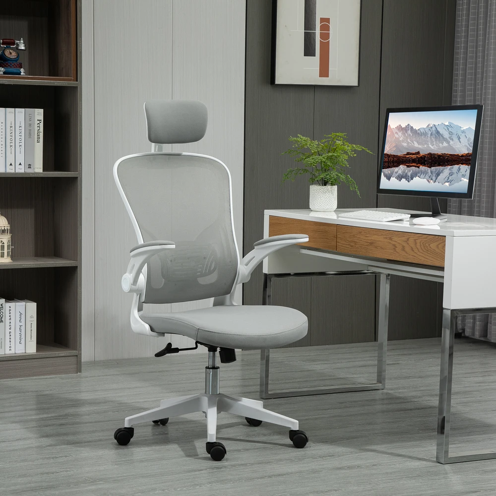 Vinsetto biuro kėdė, ergonomiška kėdė su supimosi funkcija, aukštu atlošu, juosmens atrama, galvos atrama ir atlenkiamais porankiais, pilka, 65 x 64 x 114–122 cm