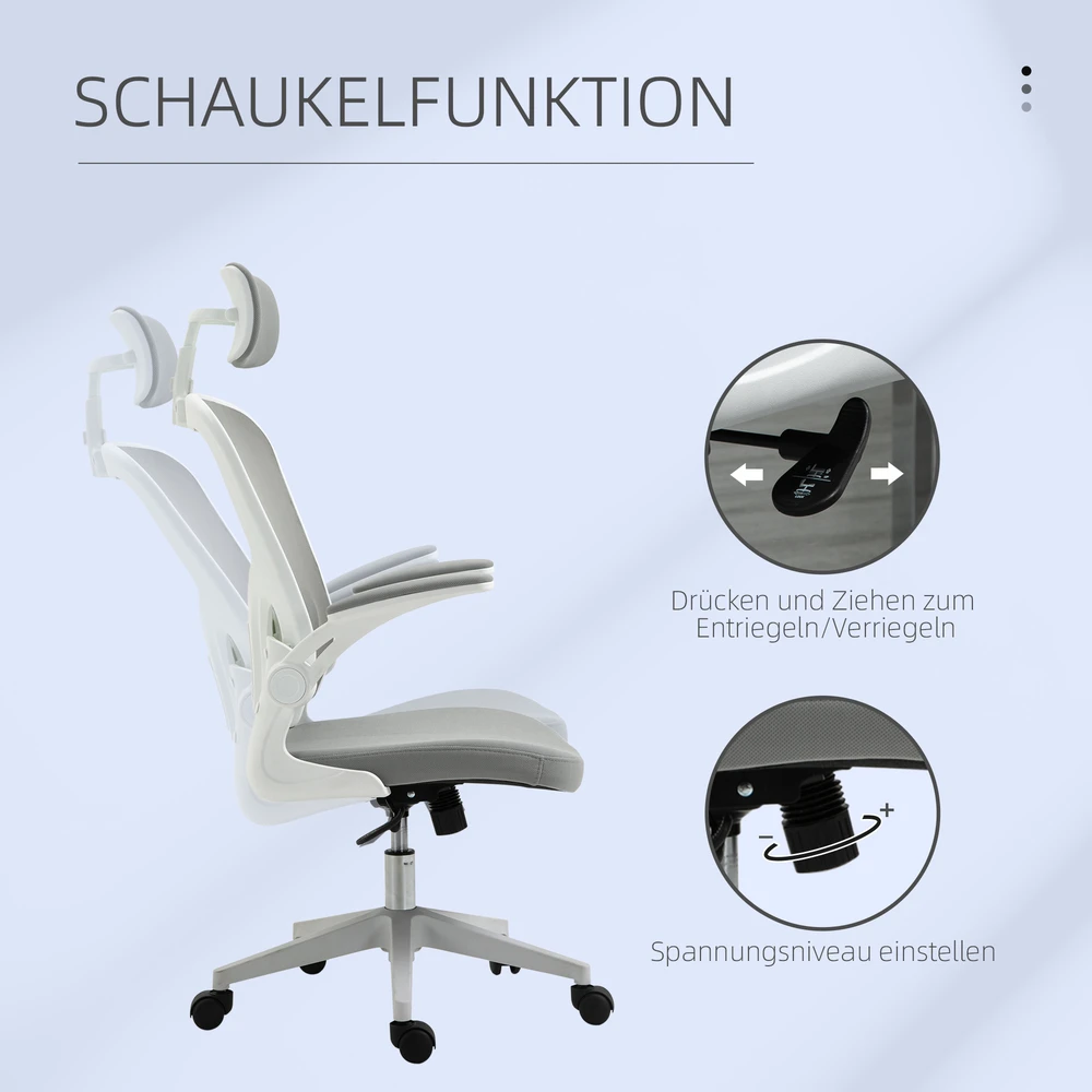 Vinsetto biuro kėdė, ergonomiška kėdė su supimosi funkcija, aukštu atlošu, juosmens atrama, galvos atrama ir atlenkiamais porankiais, pilka, 65 x 64 x 114–122 cm