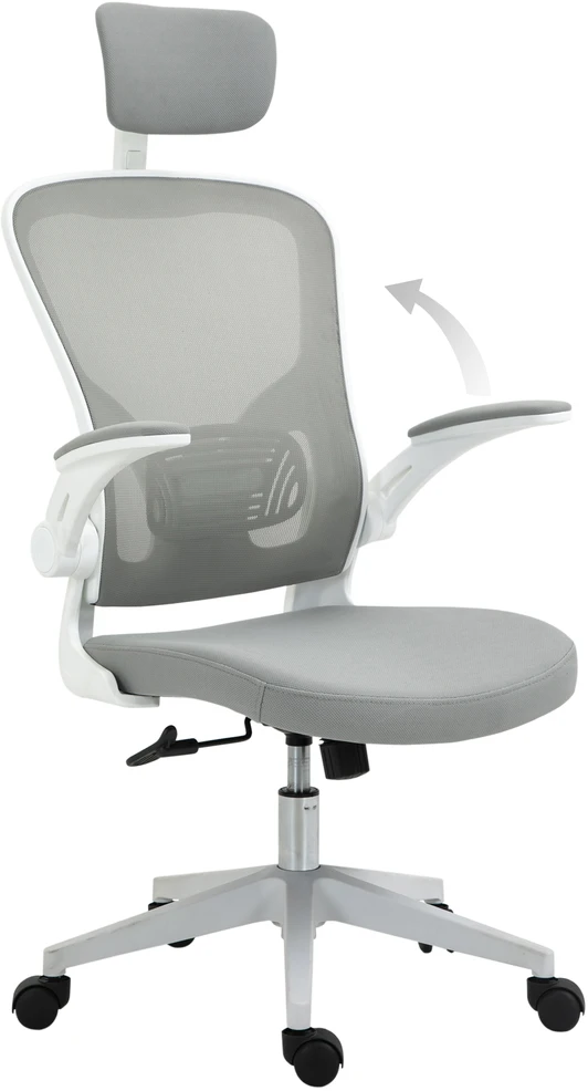 Vinsetto biuro kėdė, ergonomiška kėdė su supimosi funkcija, aukštu atlošu, juosmens atrama, galvos atrama ir atlenkiamais porankiais, pilka, 65 x 64 x 114–122 cm