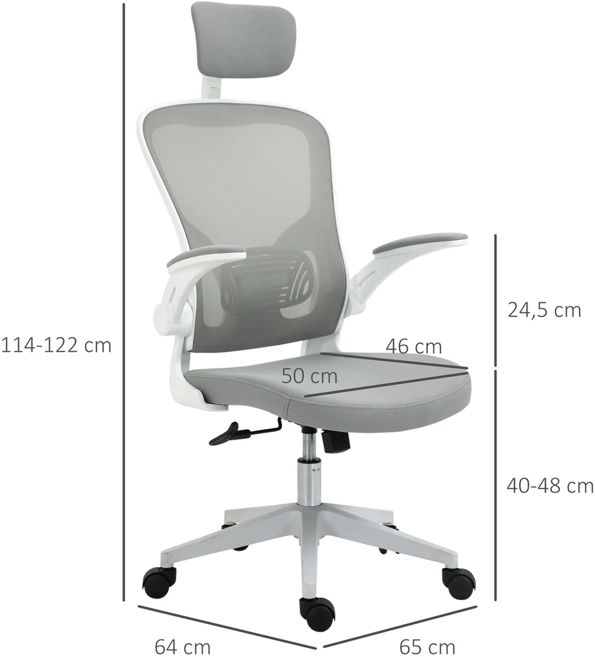 Vinsetto biuro kėdė, ergonomiška kėdė su supimosi funkcija, aukštu atlošu, juosmens atrama, galvos atrama ir atlenkiamais porankiais, pilka, 65 x 64 x 114–122 cm