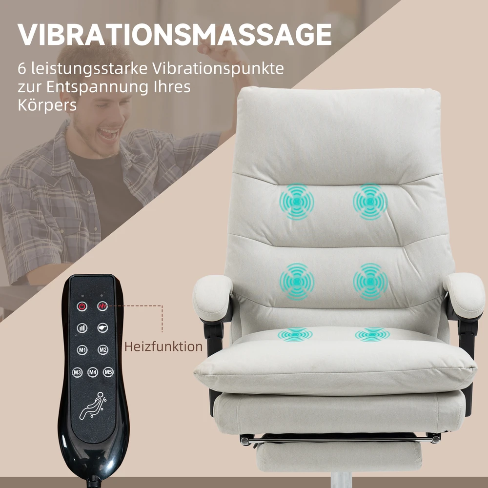 Vinsetto biuro kėdė su masažo funkcija, ergonomiška darbo kėdė su atlošimo funkcija, šildymu, reguliuojamu aukščiu ir kojų atrama, kreminė
