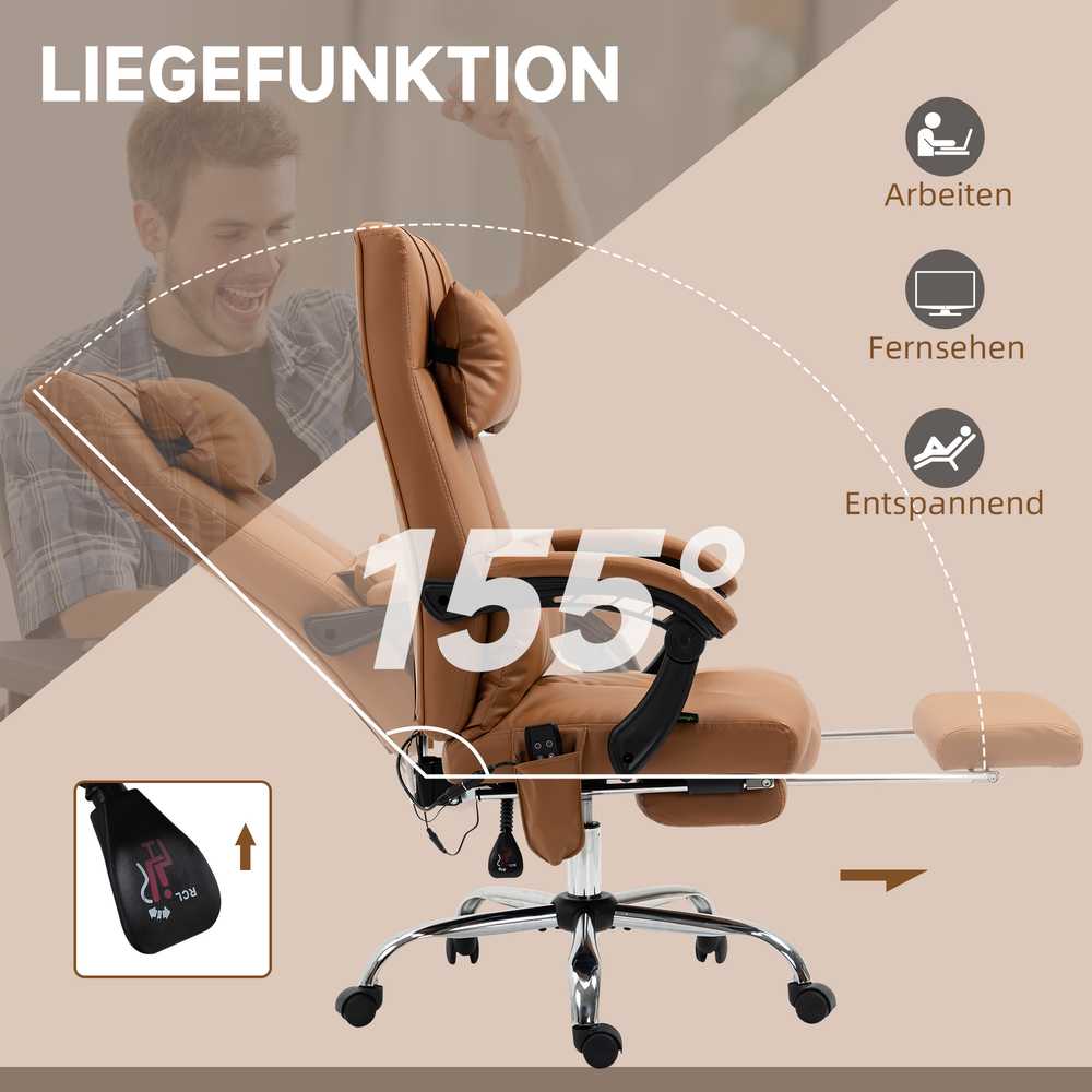 Vinsetto biuro kėdė su masažo funkcija, ergonomiška darbo kėdė su atlošimo mechanizmu, galvos pagalve, reguliuojamu aukščiu, kojų atrama, šildymu, ruda