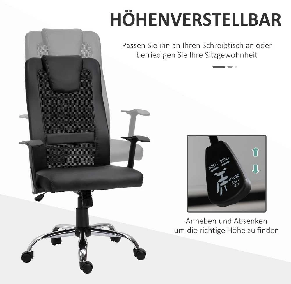 Vinsetto biuro kėdė, ergonomiška sukama kėdė, reguliuojamo aukščio, dirbtinė oda (PU), juoda, 66x73x108-118 cm