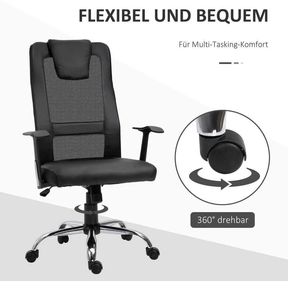 Vinsetto biuro kėdė, ergonomiška sukama kėdė, reguliuojamo aukščio, dirbtinė oda (PU), juoda, 66x73x108-118 cm