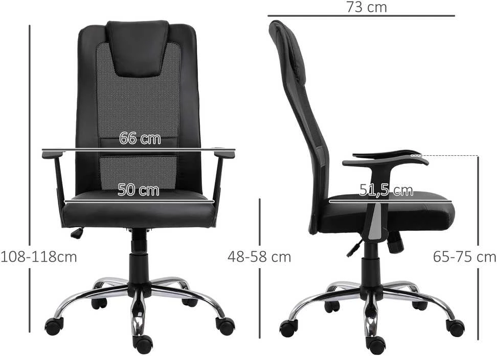 Vinsetto biuro kėdė, ergonomiška sukama kėdė, reguliuojamo aukščio, dirbtinė oda (PU), juoda, 66x73x108-118 cm
