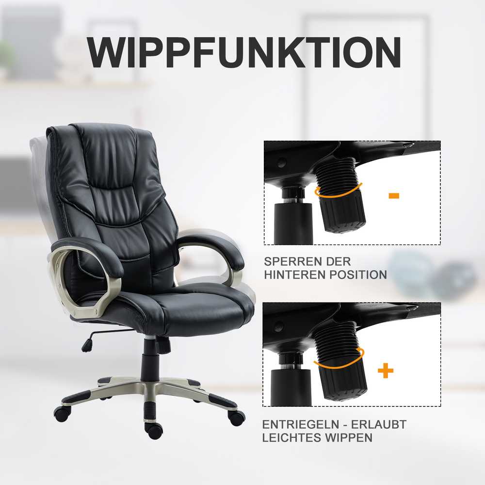 HOMCOM biuro kėdė, ergonomiška darbo kėdė su supimosi funkcija, sportinio dizaino, aukštas atlošas, 70x58x114–124 cm, juoda