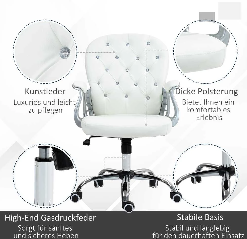 Biuro kėdė Vinsetto, ergonomiška darbo kėdė su porankiais, paminkštintas atlošas, reguliuojamo aukščio kompiuterio kėdė su dirbtinės odos apdaila, sukamoji kėdė namų biurui, balta