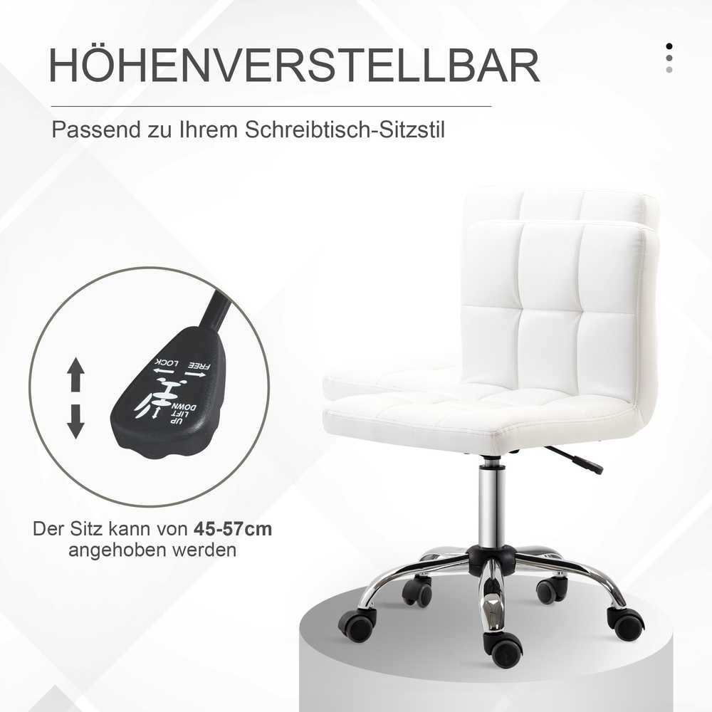 HOMCOM biuro kėdė, ergonomiška kėdė be porankių, reguliuojamo aukščio sukama kėdė, kompiuterio kėdė biurui ar darbo kambariui, dirbtinė oda, balta
