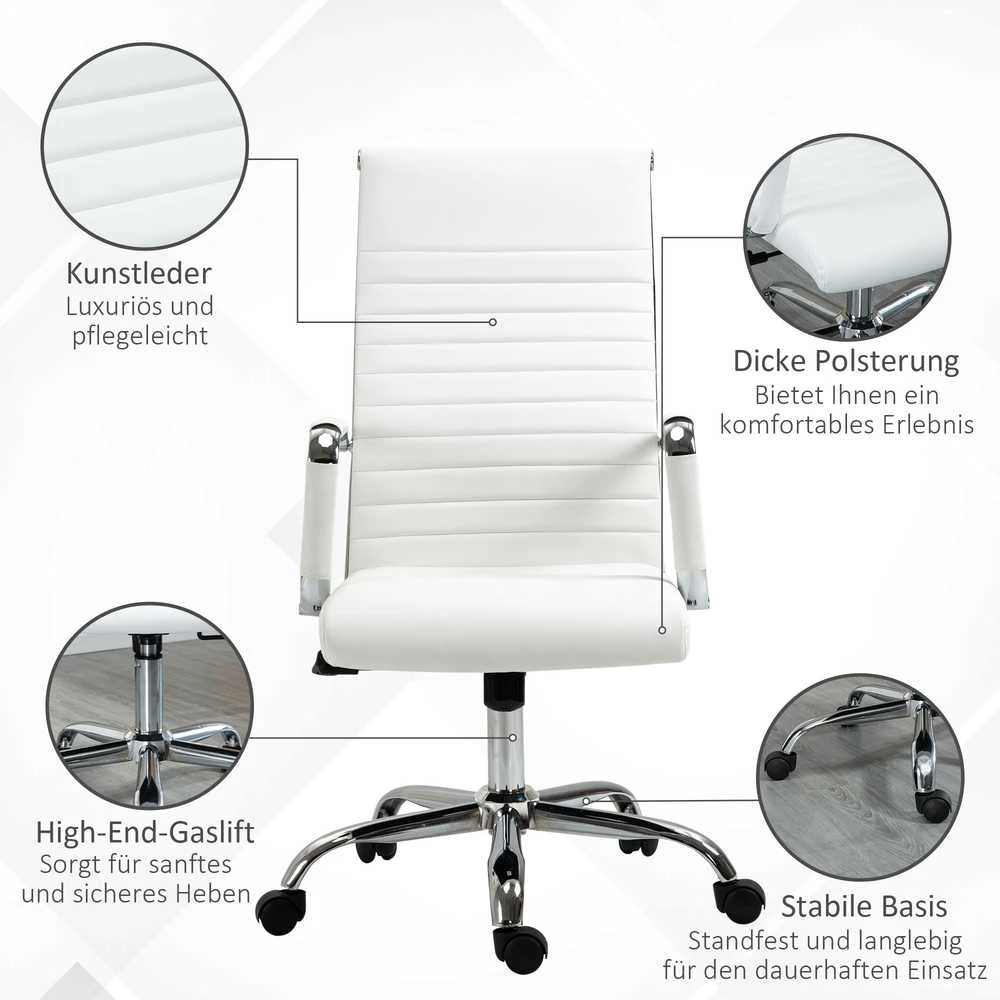 Vinsetto biuro kėdė, sukamoji kėdė, vadovo kėdė, su supimosi funkcija, reguliuojamo aukščio, paminkštinta, ergonomiška, dirbtinė oda, porolonas, balta, 54 x 62 x 104-114 cm