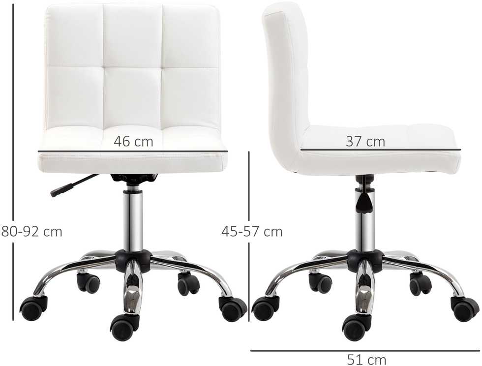 HOMCOM biuro kėdė, ergonomiška kėdė be porankių, reguliuojamo aukščio sukama kėdė, kompiuterio kėdė biurui ar darbo kambariui, dirbtinė oda, balta