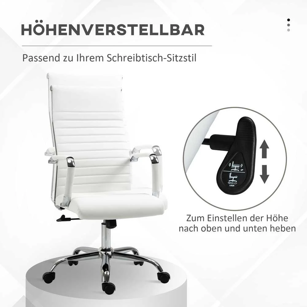 Vinsetto biuro kėdė, sukamoji kėdė, vadovo kėdė, su supimosi funkcija, reguliuojamo aukščio, paminkštinta, ergonomiška, dirbtinė oda, porolonas, balta, 54 x 62 x 104-114 cm