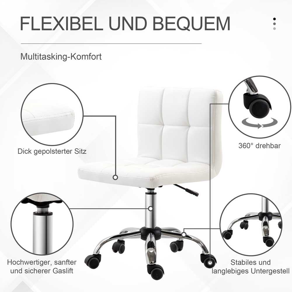HOMCOM biuro kėdė, ergonomiška kėdė be porankių, reguliuojamo aukščio sukama kėdė, kompiuterio kėdė biurui ar darbo kambariui, dirbtinė oda, balta