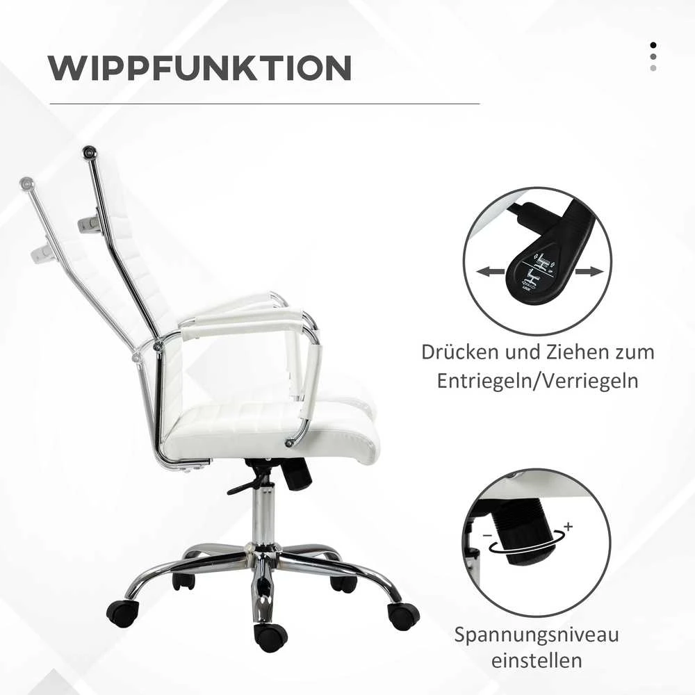 Vinsetto biuro kėdė, sukamoji kėdė, vadovo kėdė, su supimosi funkcija, reguliuojamo aukščio, paminkštinta, ergonomiška, dirbtinė oda, porolonas, balta, 54 x 62 x 104-114 cm