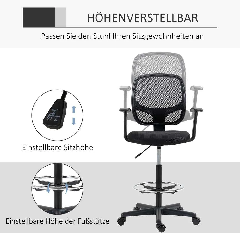 Vinsetto ergonominė biuro kėdė, darbo kėdė, sukamoji kėdė, kėdė piešimui, reguliuojamas kojų žiedas, iki 120 kg, juoda, 60x56x110-132 cm