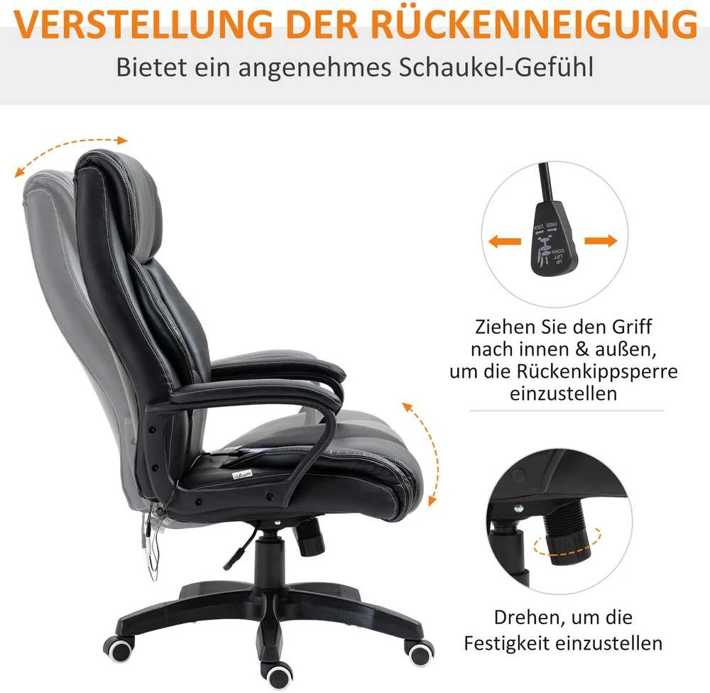 Vinsetto masažinė kėdė, pasukama, reguliuojamo aukščio ergonomiška žaidimų kėdė, kompiuterio kėdė, 6 vibracijos taškai, lino pojūtis, reguliuojama, juoda