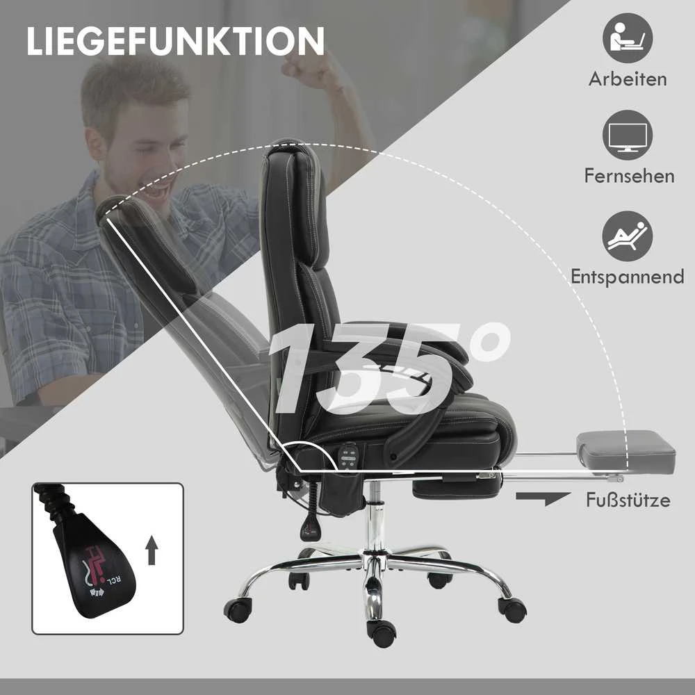 Vinsetto biuro kėdė su vibraciniu masažu, ergonomiška darbo kėdė su šildymo ir atlošimo funkcija, reguliuojamo aukščio vadovo kėdė su kojų atrama, šonine kišene, dirbtinė oda, juoda
