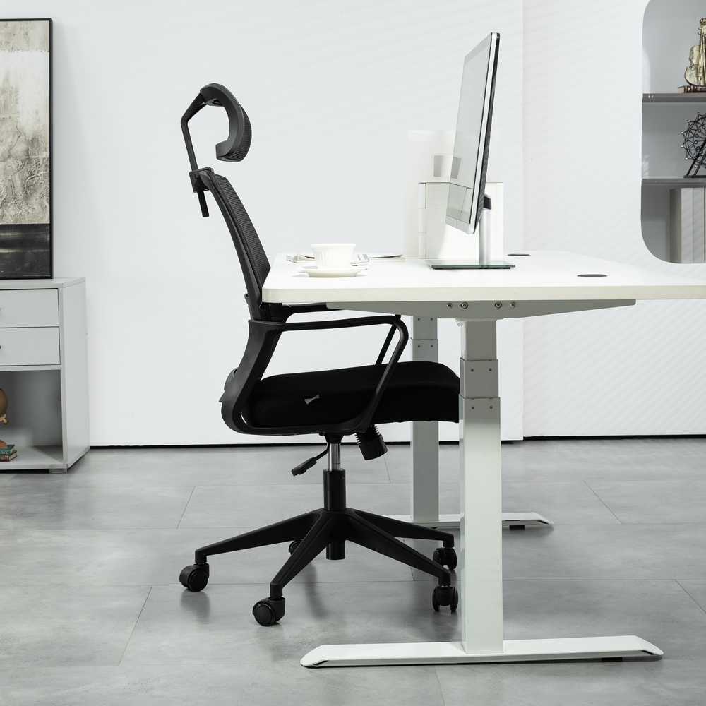 HOMCOM ergonominė biuro kėdė su porankiais, reguliuojama galvos atrama, tinkleliu ir supimosi funkcija, juoda