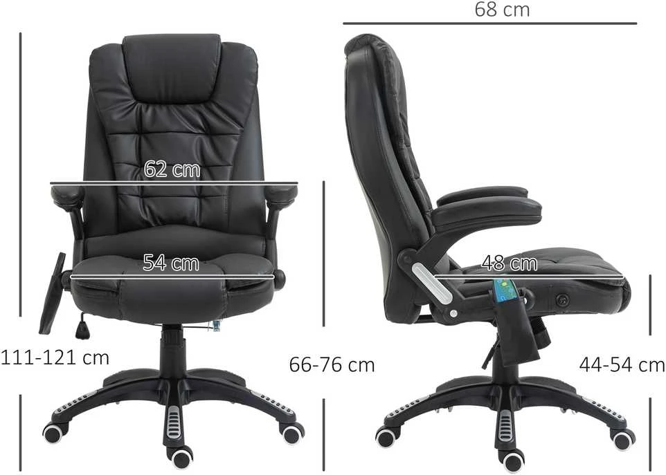 HOMCOM biuro kėdė, vadovo kėdė su 6 taškų vibraciniu masažu ir šildymo funkcija, dirbtinė oda, sukamoji, 62x68x111–121 cm